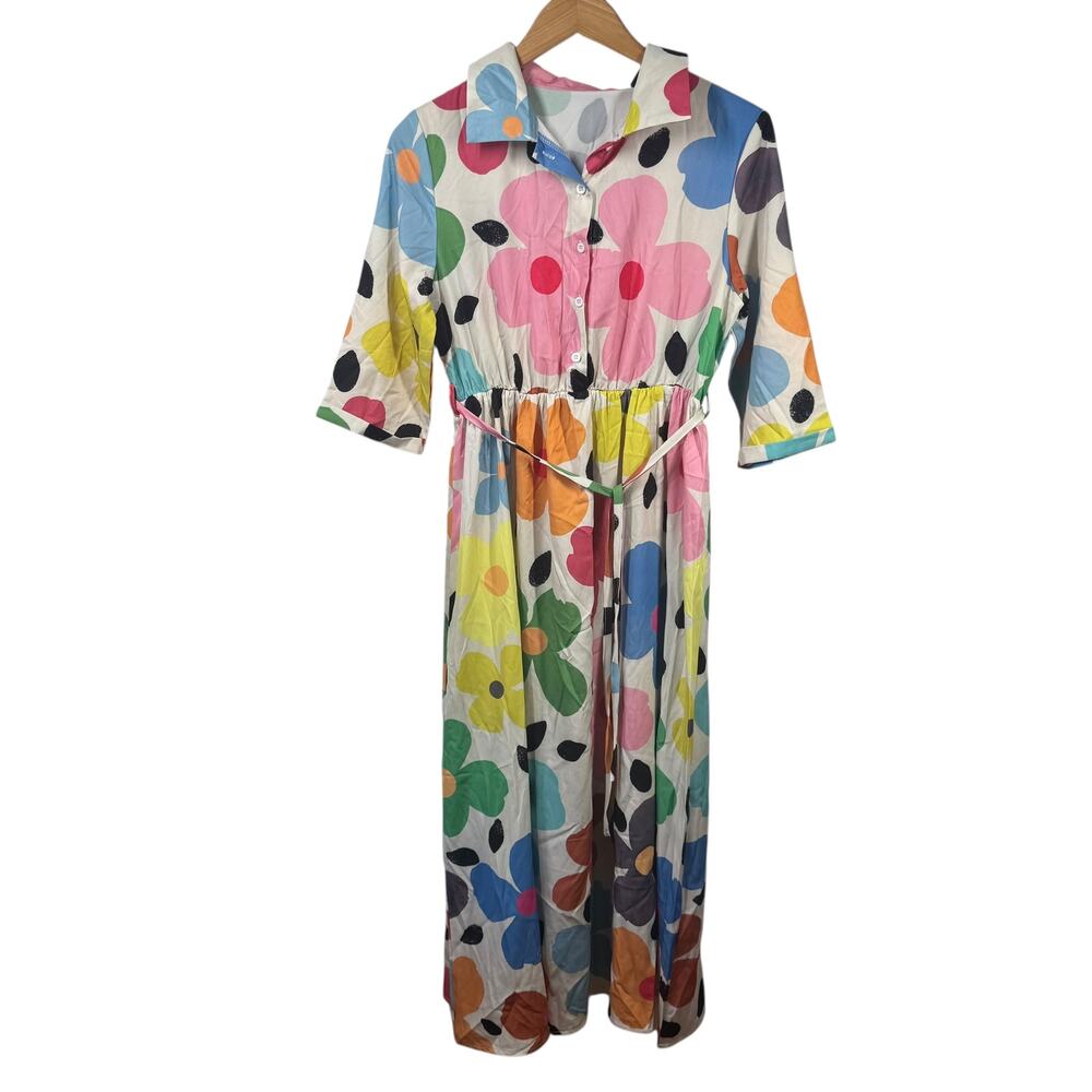 Women's Dress M Cream Colorful Floral Maxi Tie Detail Garden Party Summer Brunch